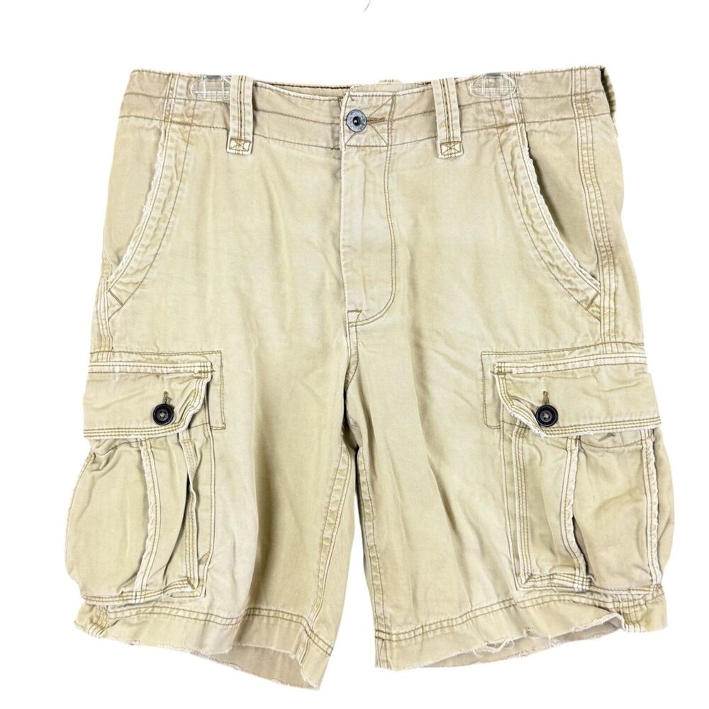 American Eagle Cargo Shorts Mens 33 Classic Length Khaki Distressed Baggy Y2K